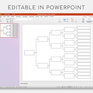May include: A blank family tree chart template in a PowerPoint presentation. The chart is a branching diagram with boxes for names and dates. The chart is editable in PowerPoint.