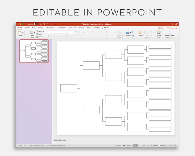 May include: A blank family tree chart template in a PowerPoint presentation. The chart is a branching diagram with boxes for names and dates. The chart is editable in PowerPoint.