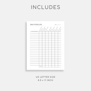 May include: Printable daily food log template in black and white. The template is designed for US letter size paper, which is 8.5 x 11 inches. The template includes columns for date, breakfast, lunch, dinner, snacks, and total.
