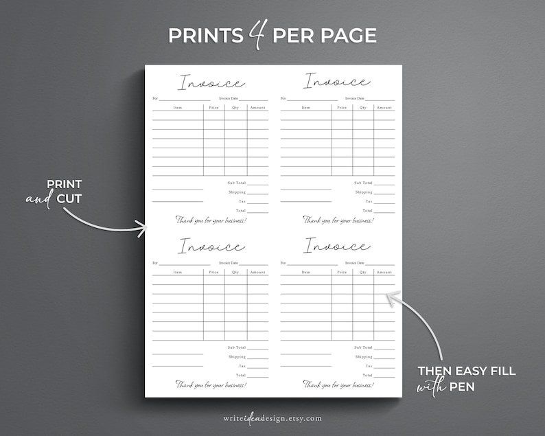 Op de afbeelding: Printbare factuur sjabloon met vier facturen per pagina. De sjabloon is ontworpen om te worden afgedrukt, geknipt en ingevuld met een pen. De tekst "PRINTS 4 PER PAGE" staat bovenaan de pagina. De tekst "PRINT and CUT" staat aan de linkerkant van de pagina. De tekst "THEN EASY FILL with PEN" staat aan de rechterkant van de pagina.