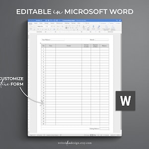 May include: A digital accounting ledger template displayed on a computer screen. The text "EDITABLE in MICROSOFT WORD" and "CUSTOMIZE entire FORM" are visible. The ledger includes fields for item balance, details, income, expenses, and balance.