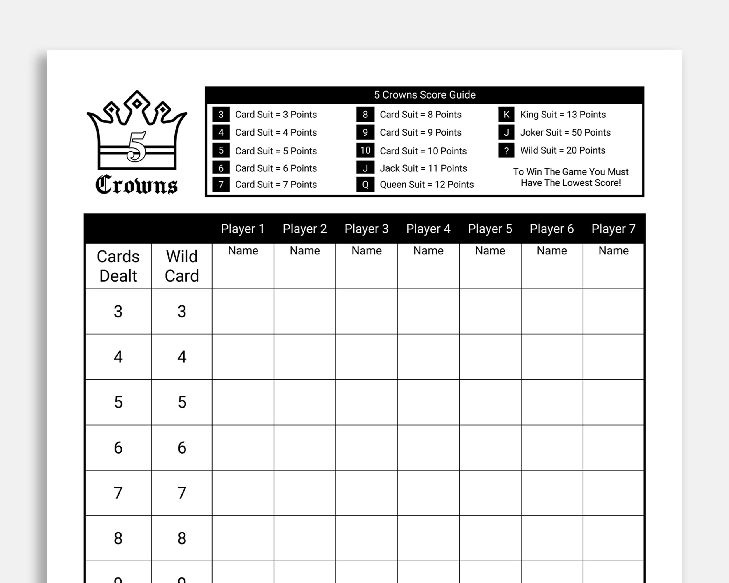 Free Printable 5 Crowns Score Sheet