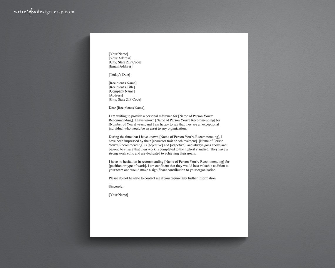 Personal Reference Letter Template. Google Docs/microsoft - Etsy