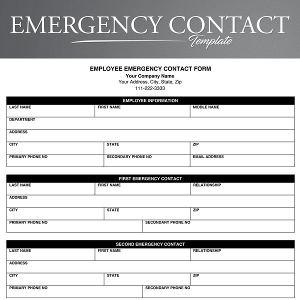 Employee Emergency Contact Form. PDF/Google Docs/Microsoft Word. New Employee Form. New Hire Template. Employee Information.