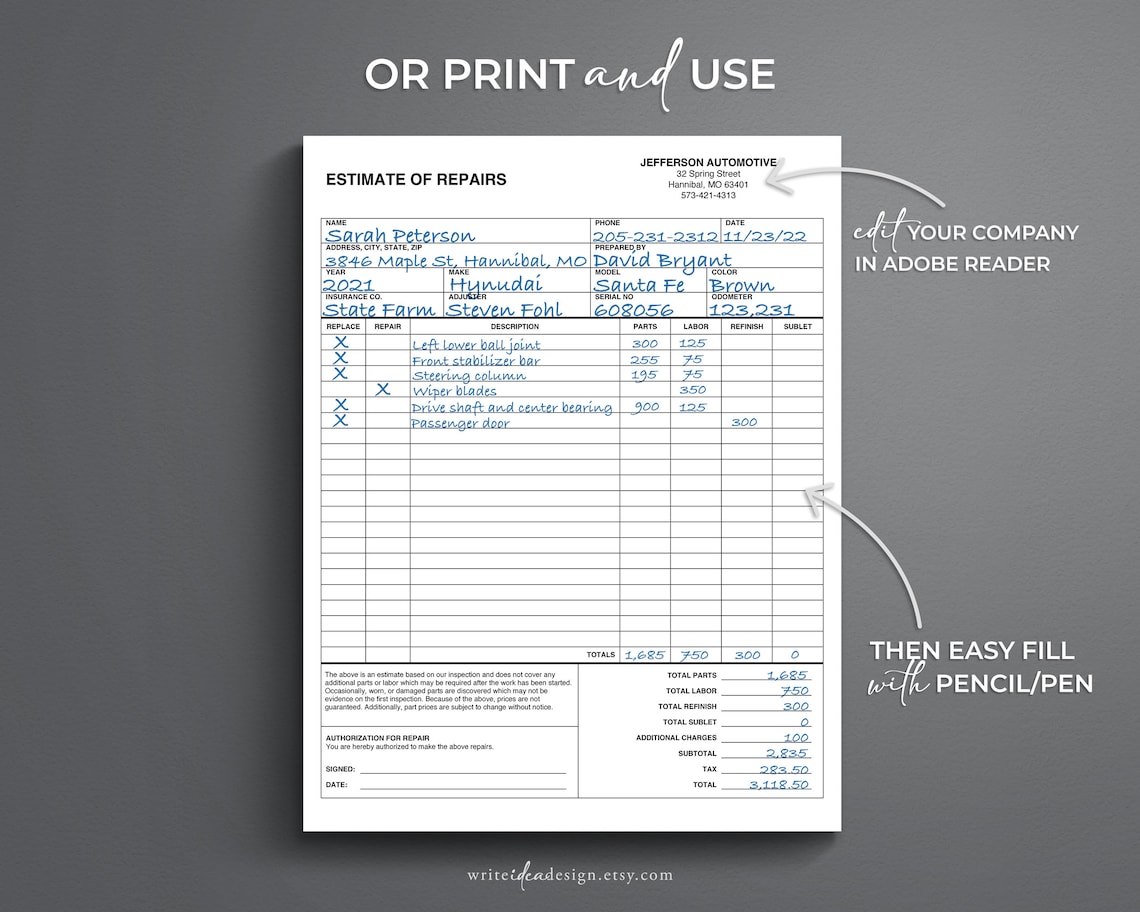 Auto Repair Estimate. Body Shop Estimate. Auto Body Estimator. Etsy