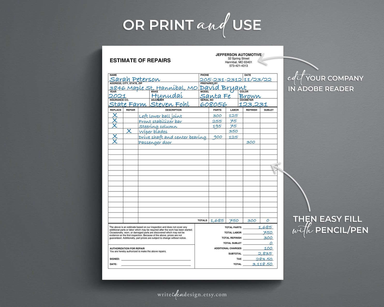 Auto Repair Estimate. Body Shop Estimate. Auto Body Estimator. Etsy