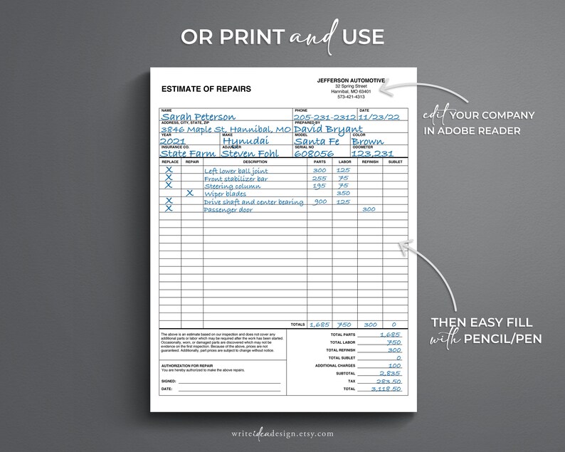May include: A white paper template titled ESTIMATE OF REPAIRS for Jefferson Automotive, featuring columns for parts, labor, and totals. The form includes fields for customer information, vehicle details, and repair descriptions, with handwritten blue ink entries.