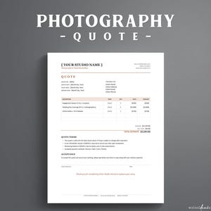 May include: A white photography quote template document featuring black text and soft peach accents. The layout includes sections for studio name, client details, a line-item table for services, quote terms, and an acceptance signature line at the bottom.