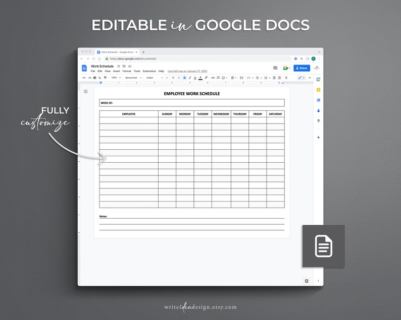 May include: Editable employee work schedule template in Google Docs. The template includes columns for week of, employee, Sunday, Monday, Tuesday, Wednesday, Thursday, Friday, Saturday, and notes.