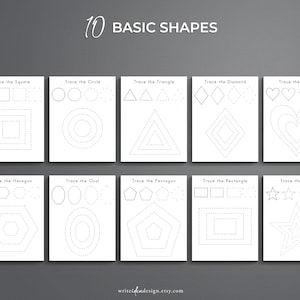 May include: A printable worksheet with 10 basic shapes for tracing. The shapes include a square, circle, triangle, diamond, heart, hexagon, oval, pentagon, rectangle, and star. Each shape is outlined with dotted lines for tracing.