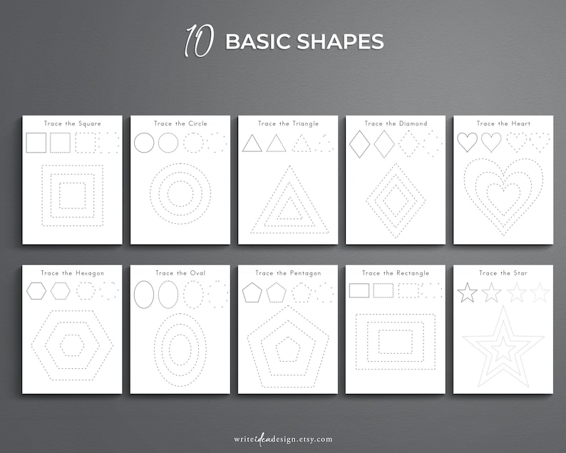 May include: A printable worksheet with 10 basic shapes for tracing. The shapes include a square, circle, triangle, diamond, heart, hexagon, oval, pentagon, rectangle, and star. Each shape is outlined with dotted lines for tracing.