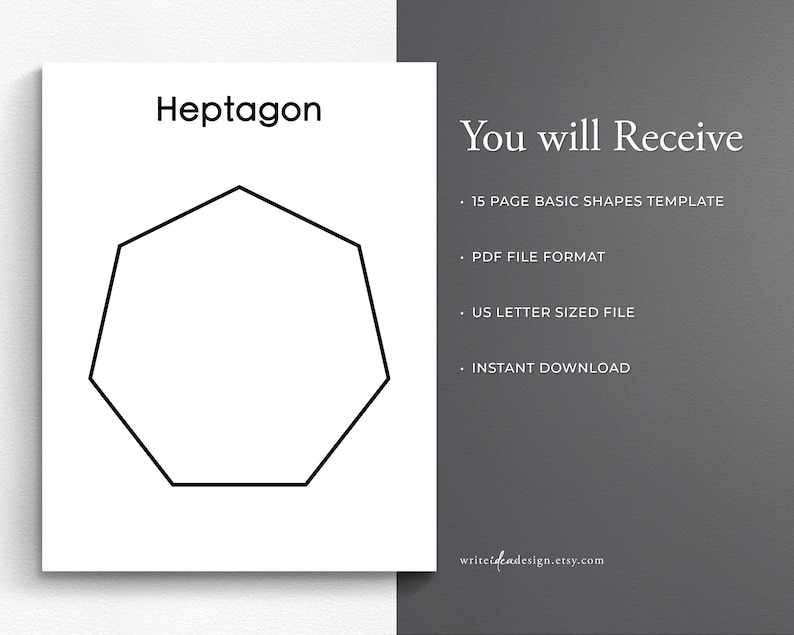 May include: A printable template for a heptagon shape. The template is part of a 15-page set of basic shapes. The text "You will Receive" is on the right side of the image, along with a list of features: 15 page basic shapes template, PDF file format, US letter sized file, instant download.