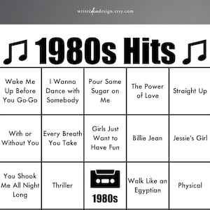 Bingo de éxitos musicales de los 80: 200 cartones de bingo. Juego de bingo de los 80 para fiestas. Juego de bingo de los 80 para fiestas.