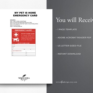 Printable Emergency My Pet is Home Alone Information Cards. Pet Owner Card. Pet at Home Card ...
