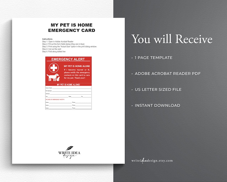 May include: Printable emergency contact card for pets. The card features a red and white emergency alert sign with a dog and cat. The text on the card reads "My Pet is Home Alone".