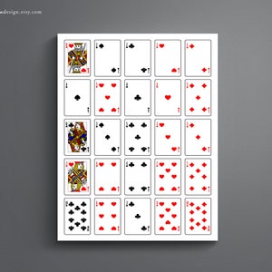 May include: A printable sheet of playing cards with all four suits: hearts, diamonds, clubs, and spades. Each card is numbered from 1 to 10, with the Jack, Queen, and King of each suit also included.