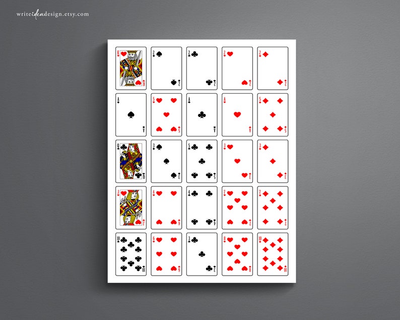 May include: A printable sheet of playing cards with all four suits: hearts, diamonds, clubs, and spades. Each card is numbered from 1 to 10, with the Jack, Queen, and King of each suit also included.