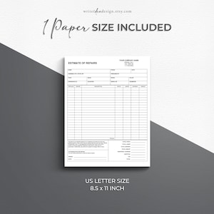 May include: A white US letter size 8.5 x 11 inch estimate of repairs form template with black text and grid lines. The document includes fields for company name, address, phone, date, customer details, vehicle information, and a detailed repair table.