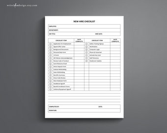 Può includere: Un elenco di controllo stampabile in bianco e nero per i nuovi assunti. L'elenco di controllo include voci come la domanda di lavoro, i documenti di background, il cartello di formazione sulla sicurezza, l'accesso al computer e l'aggiornamento del conteggio del personale.
