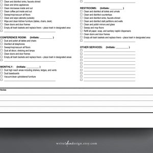 May include: A printable checklist for cleaning a home or office. The checklist includes sections for restrooms, conference rooms, other services, and monthly cleaning tasks. Each section has a list of cleaning tasks with checkboxes and a space for initials.