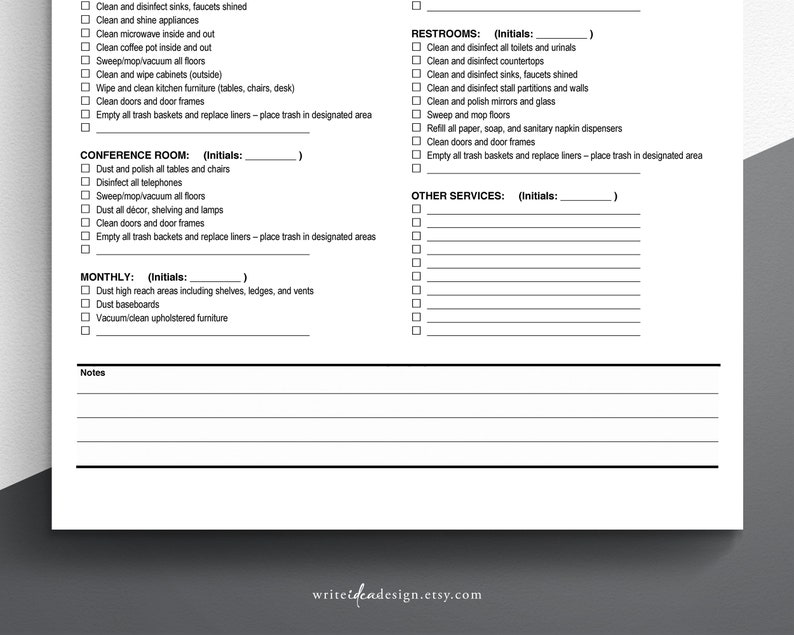 May include: A printable checklist for cleaning a home or office. The checklist includes sections for restrooms, conference rooms, other services, and monthly cleaning tasks. Each section has a list of cleaning tasks with checkboxes and a space for initials.