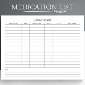 Op de afbeelding: Een printbare medicijnlijst sjabloon met kolommen voor medicijnnaam, dosering, reden voor inname, startdatum, arts of apotheek, en wanneer in te nemen. Er is ook een sectie voor notities.
