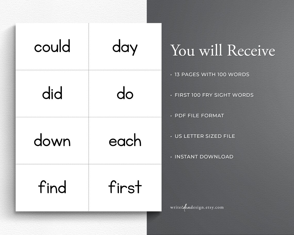 100 Sight Words Printable Flash Card. Kindergarten Sight - Etsy