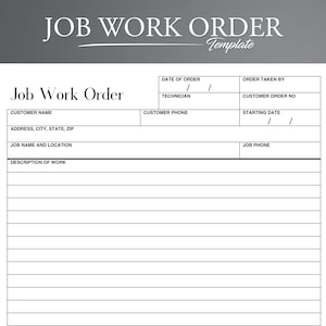Druckbare Job Work Order Form. Business Job Arbeitsauftrag. Einfaches und einfaches Arbeitsauftragsformular. Auftragsverfolgung.
