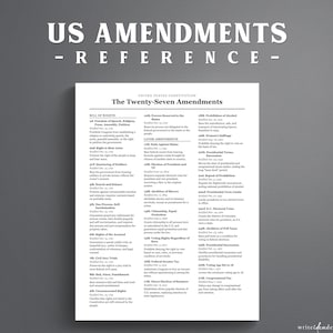 May include: A white informational document titled US AMENDMENTS - REFERENCE featuring a detailed list of the Twenty-Seven Amendments to the United States Constitution, including the Bill of Rights and later amendments with their ratification dates.