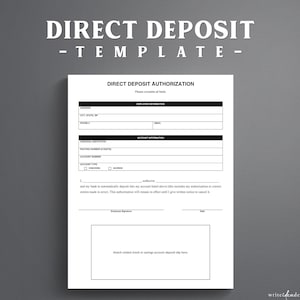 Può includere: Un modello di modulo di autorizzazione per l'accredito diretto bianco con testo e linee nere. Il documento include sezioni per le informazioni sul dipendente, i dettagli dell'istituto finanziario e uno spazio per allegare un assegno annullato.