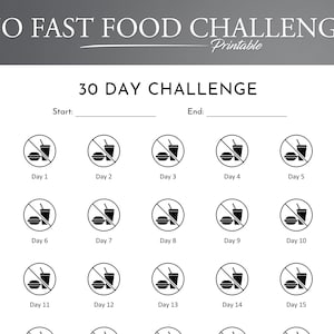30/60/90 Day Printable No Fast Food Challenge. PDF Set for Healthy Eating Goals