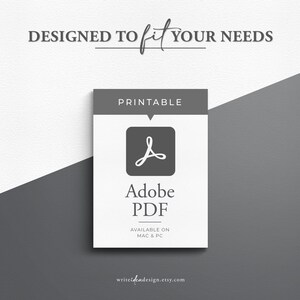 K&ouml;nnte beinhalten: Ein wei&szlig;es druckbares PDF-Dokument mit einem grauen Adobe-Logo und dem Text "PRINTABLE", "Adobe PDF", "AVAILABLE ON MAC & PC" und "writeidendesign.etsy.com".