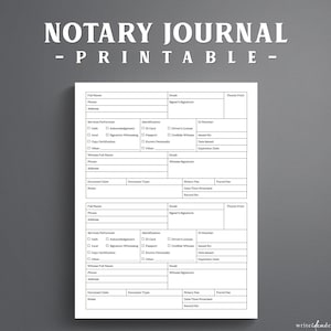 May include: A white printable notary journal form with black text and lines. The document features two identical sections for recording signer details, services performed, identification, witness information, document dates, fees, and record numbers.