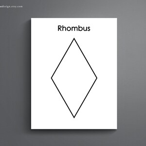 May include: A black and white line drawing of a rhombus shape. The word "Rhombus" is written above the shape.