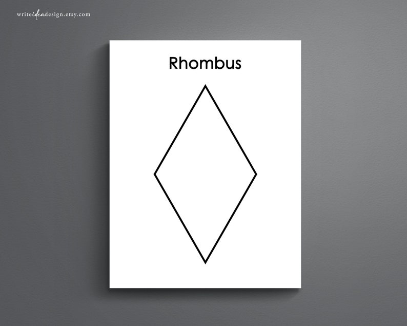 May include: A black and white line drawing of a rhombus shape. The word "Rhombus" is written above the shape.