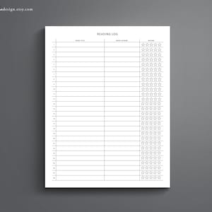 May include: A black and white printable reading log with columns for book title, book author, and rating. The rating column has 5 stars for each row.