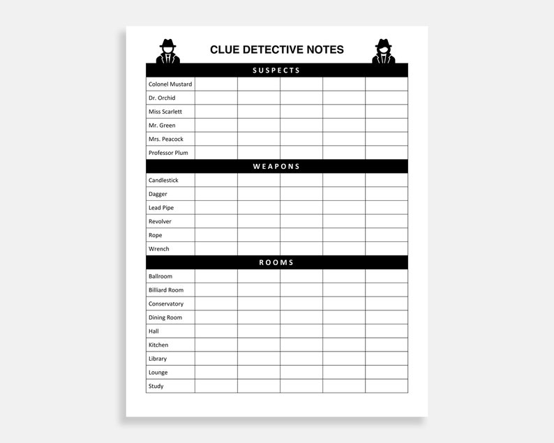 Clue Score Sheet. Printable Clue Score Pad. Clue Board Game Etsy India