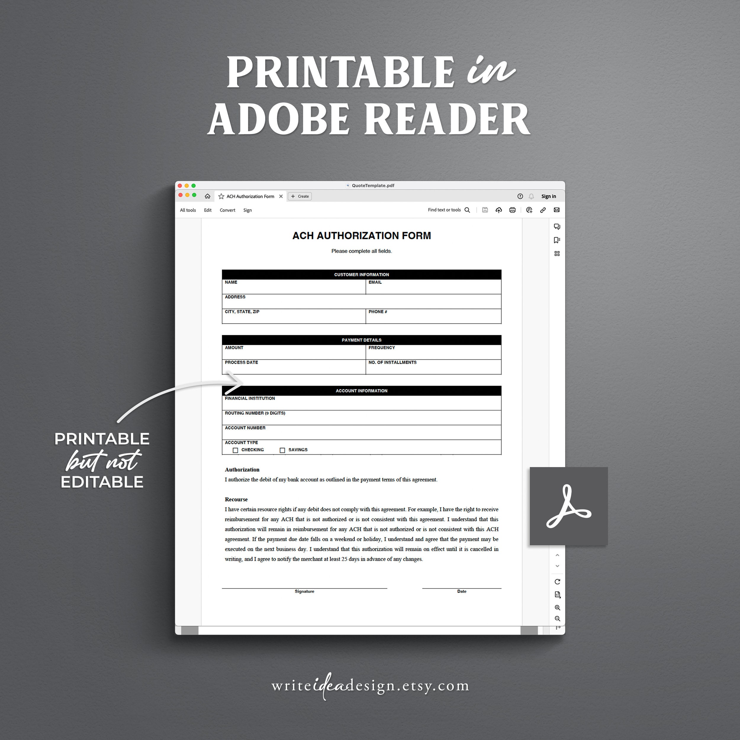 ACH Authorization Form Template Debit Authorization for Payment