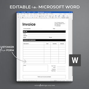 May include: Editable invoice template in Microsoft Word format. The template includes fields for invoice number, date, bill to information, products or services, cost, quantity, amount, notes, sub total, other, shipping, and total due. The template is customisable and can be used for a variety of businesses.