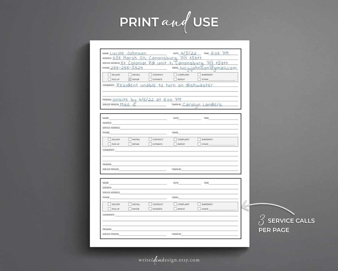 Service Call Log. Printable Service Tracker. Maintenance Call - Etsy