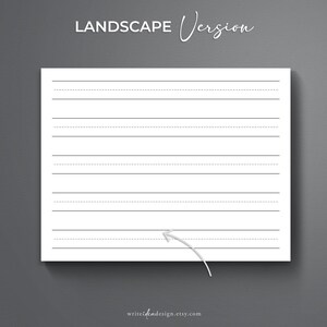 May include: A blank white sheet of paper with lined writing space. The paper is in landscape orientation. The lines are gray and there is a dotted line between each solid line.