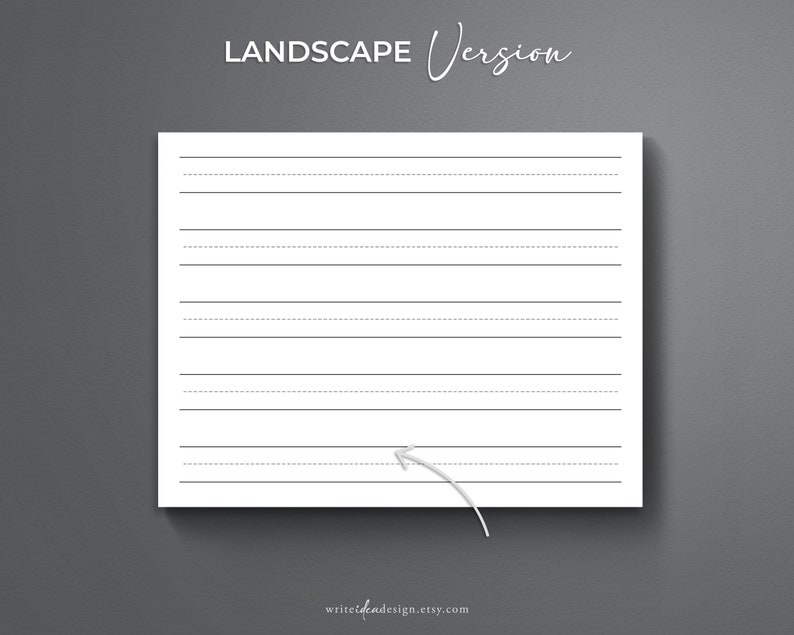 May include: A blank white sheet of paper with lined writing space. The paper is in landscape orientation. The lines are gray and there is a dotted line between each solid line.