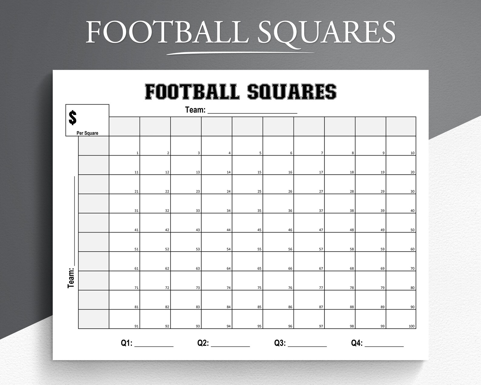 Printable Football Squares. Football Fundraiser. Football Etsy