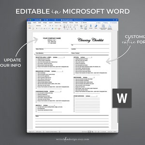 May include: A black and white cleaning checklist template in a Microsoft Word document. The checklist is titled "Cleaning Checklist" and includes sections for Reception Area, Breakroom/Kitchen, Conference Room, Monthly, Offices, Restrooms, and Other Services. The template is customizable and can be updated with your company information.