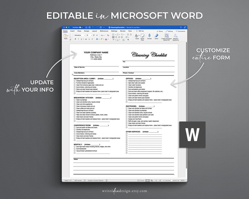 May include: A black and white cleaning checklist template in a Microsoft Word document. The checklist is titled "Cleaning Checklist" and includes sections for Reception Area, Breakroom/Kitchen, Conference Room, Monthly, Offices, Restrooms, and Other Services. The template is customizable and can be updated with your company information.