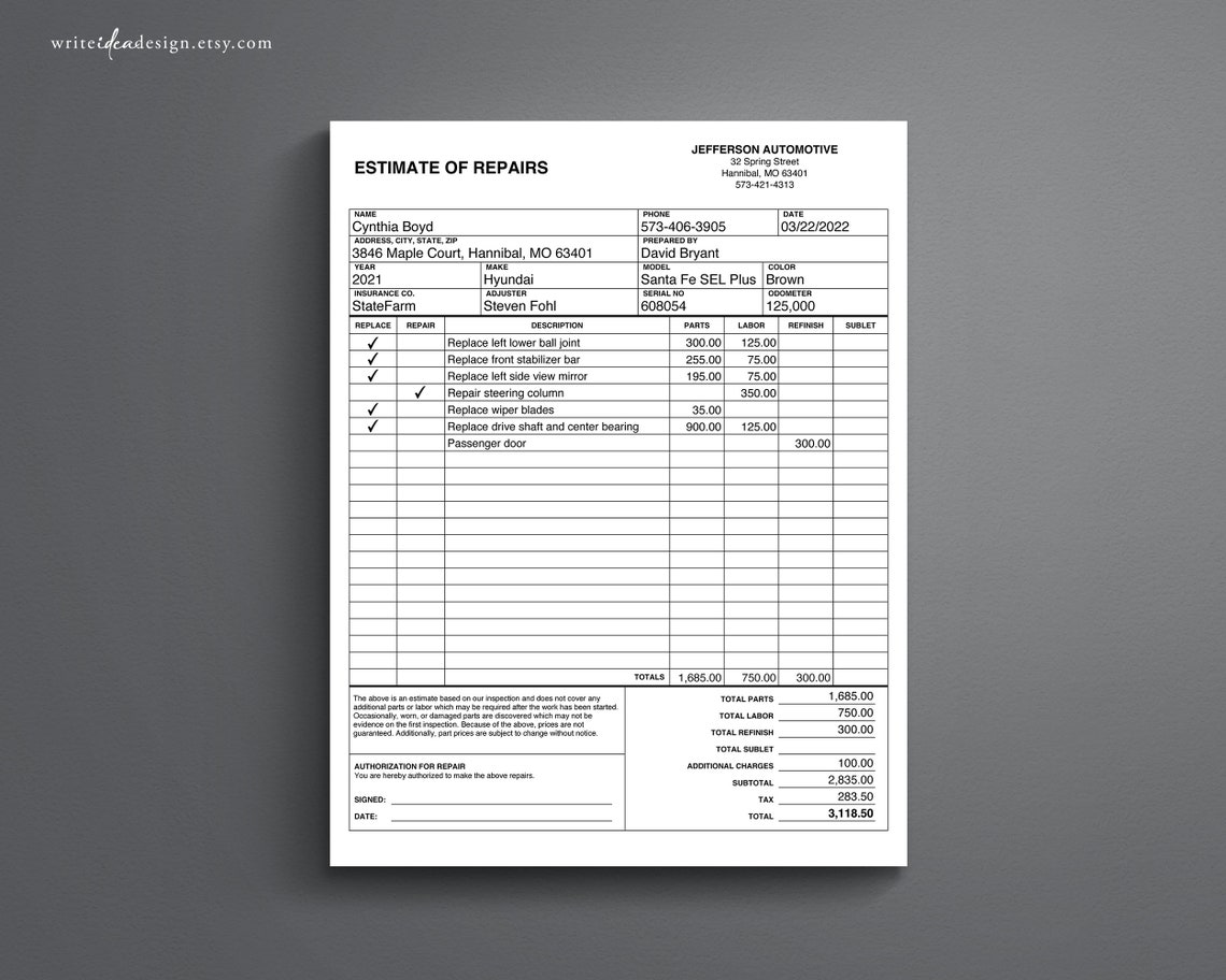 Auto Repair Estimate. Body Shop Estimate. Auto Body Estimator. Etsy