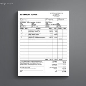 May include: A white document titled ESTIMATE OF REPAIRS for Jefferson Automotive, detailing vehicle information for a 2021 Hyundai Santa Fe SEL Plus, including a list of repair tasks, parts, labor costs, and a final total of 3,118.50 dollars.