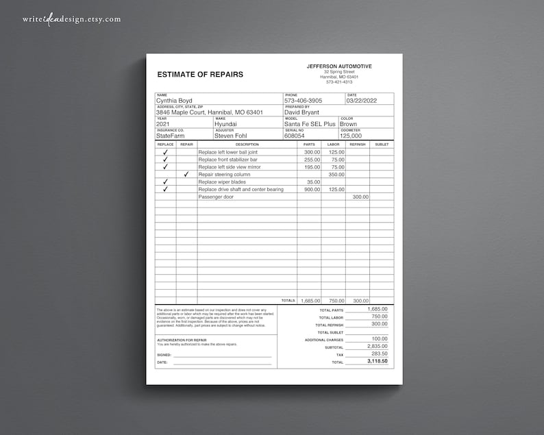 May include: A white document titled ESTIMATE OF REPAIRS for Jefferson Automotive, detailing vehicle information for a 2021 Hyundai Santa Fe SEL Plus, including a list of repair tasks, parts, labor costs, and a final total of 3,118.50 dollars.