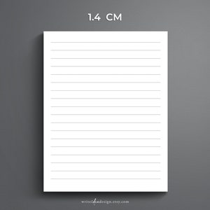 May include: A white sheet of paper with 1.4 cm ruled lines. The paper is blank and ready for writing.