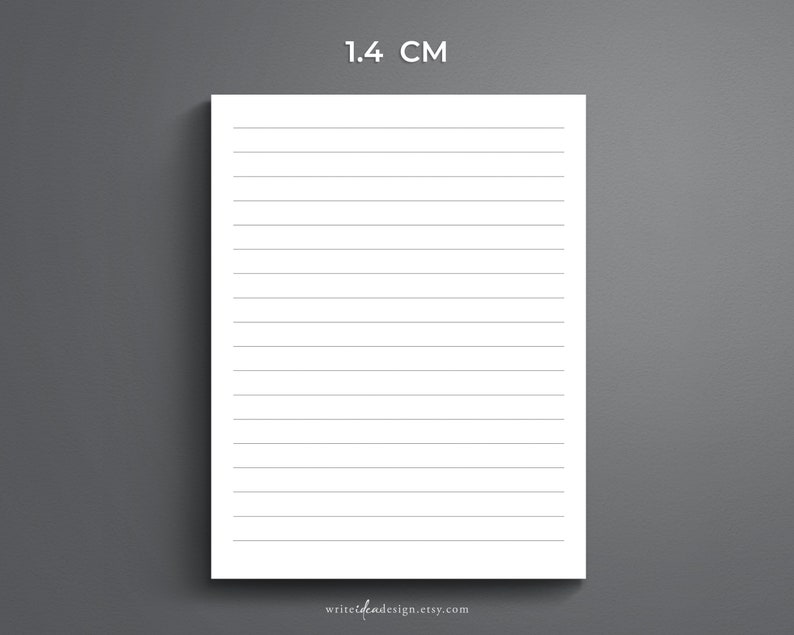 May include: A white sheet of paper with 1.4 cm ruled lines. The paper is blank and ready for writing.